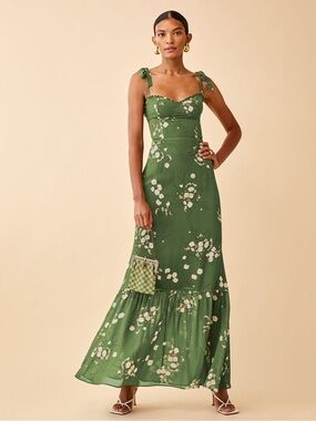 Reformation Green Floral Tie-Shoulder Maxi Dress